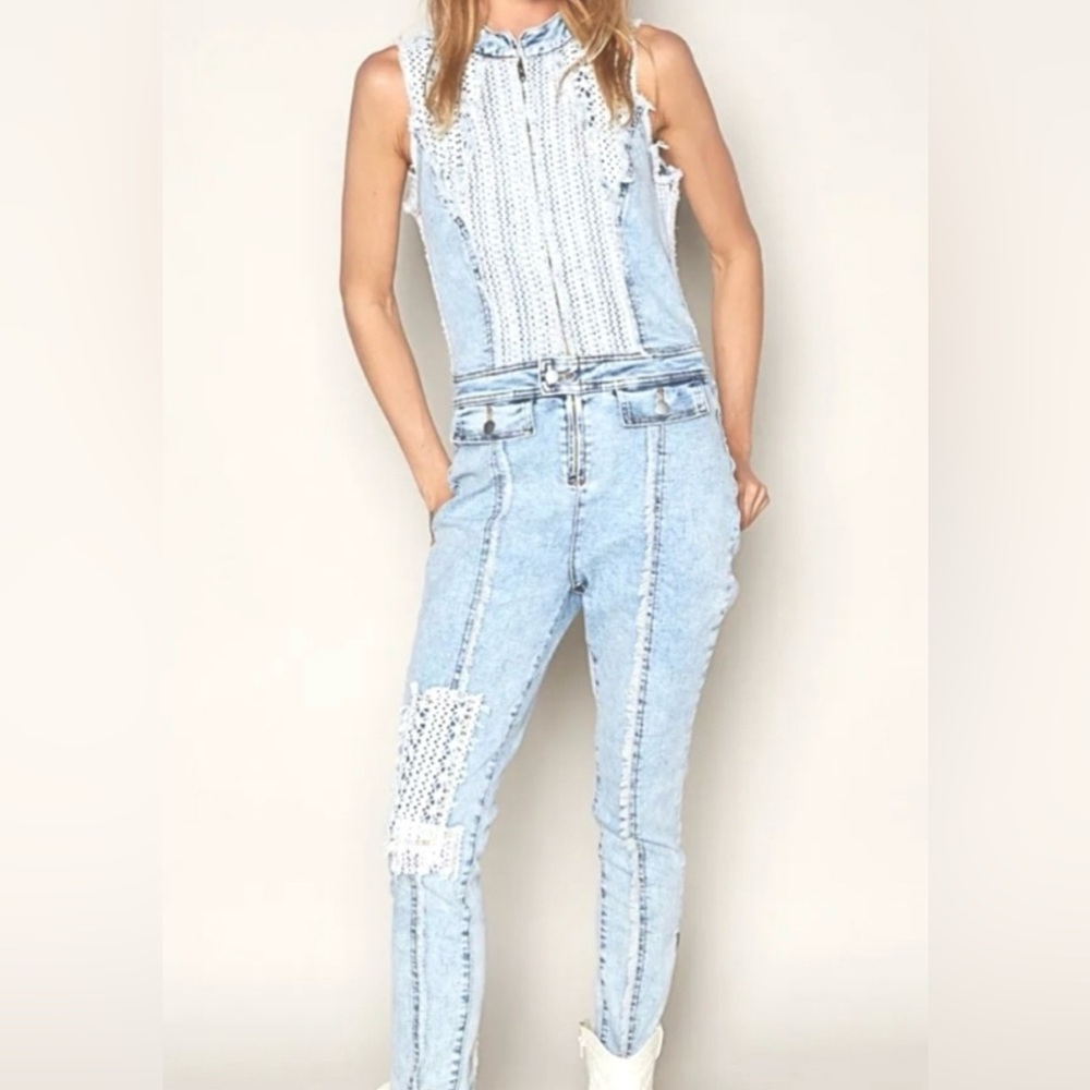 068 - POL Light Blue Lace Detail Denim Jumpsuit